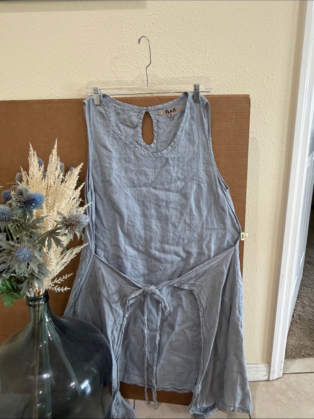 FLAX Linen Blue Sleeveless Dress Midi Tie Front Waist Detail Sz M